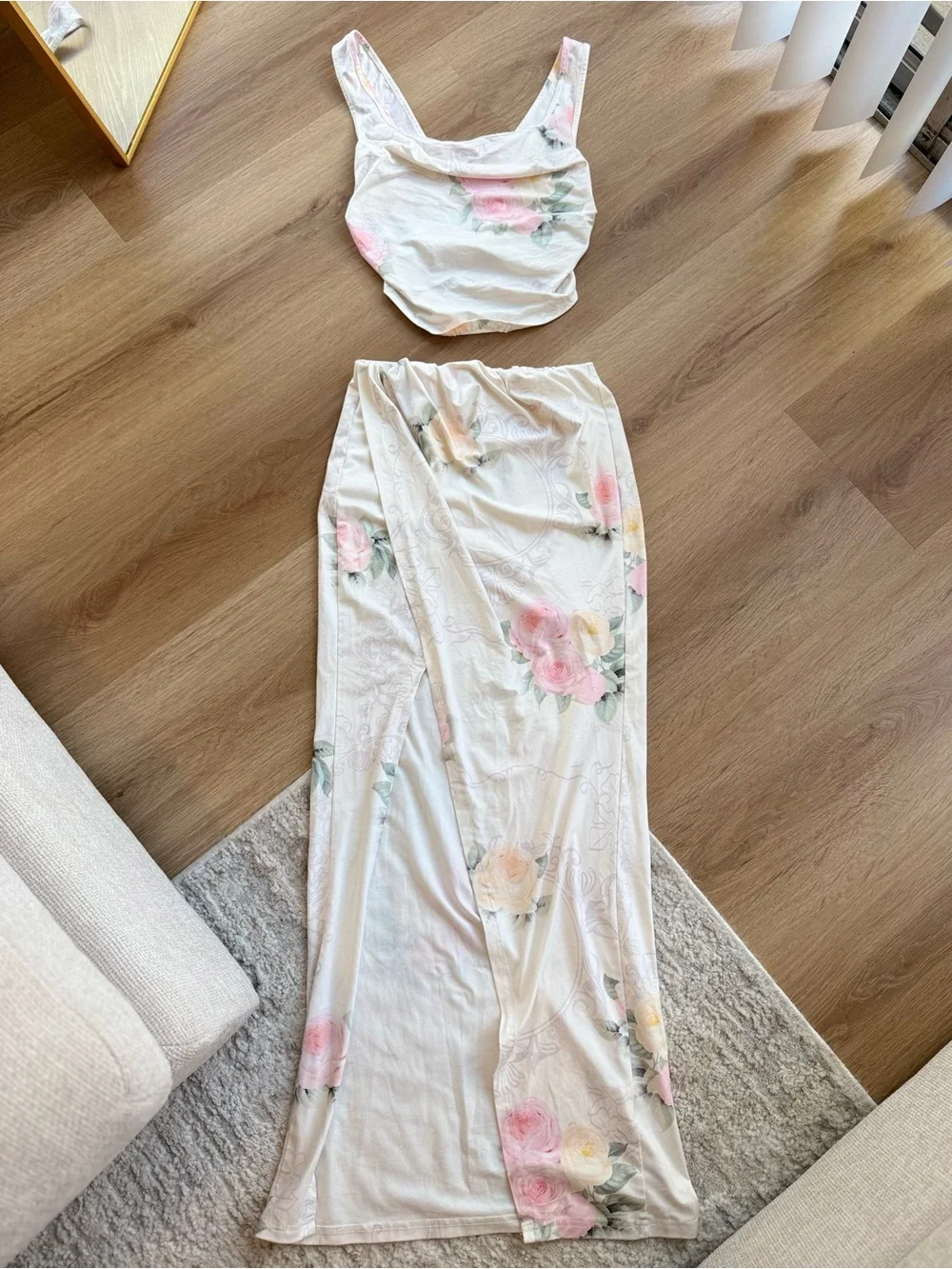 Two-Piece Floral Maxi Set — White with Pink & Green Roses